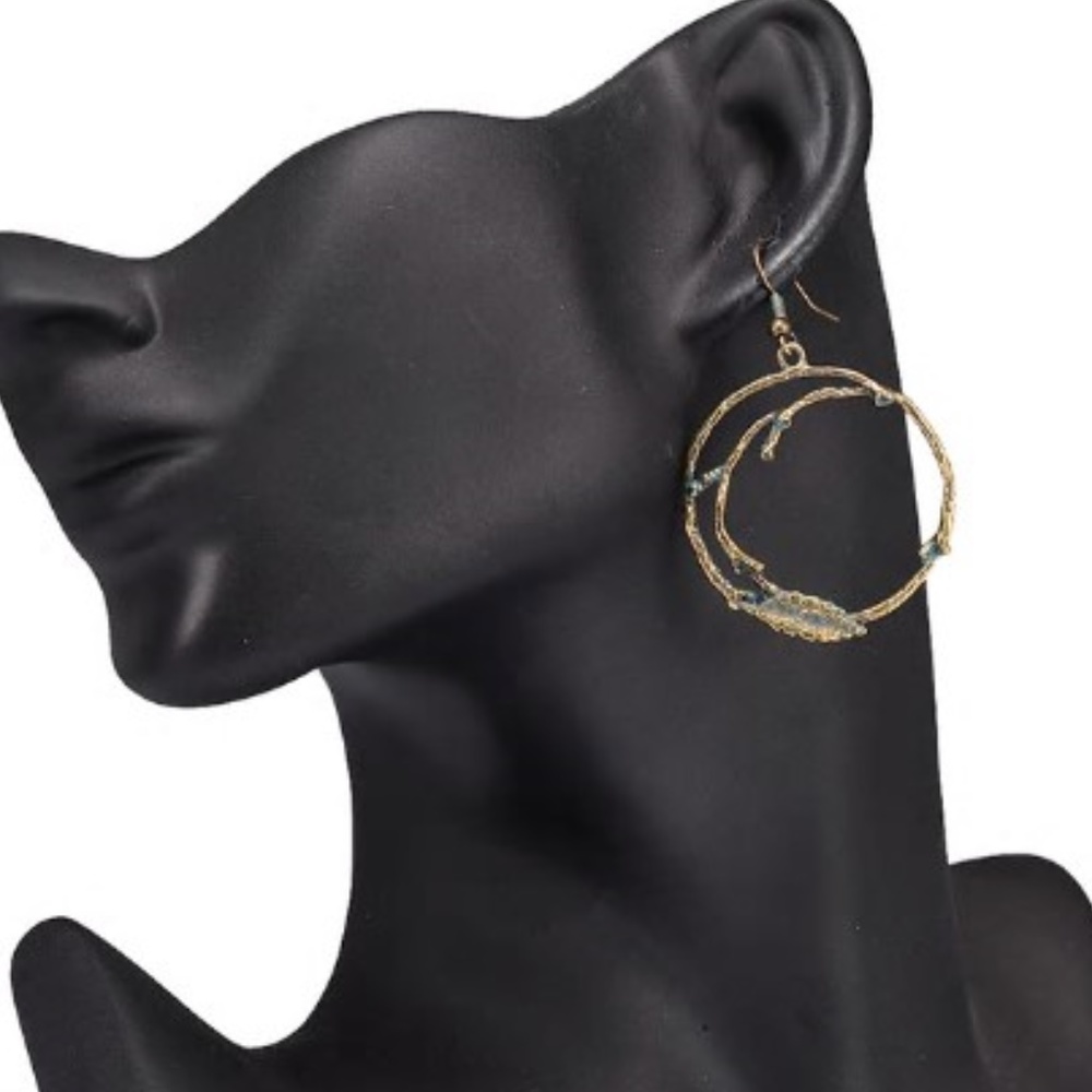 Boho Leaf Branch  Drop Round  Earrings Copper